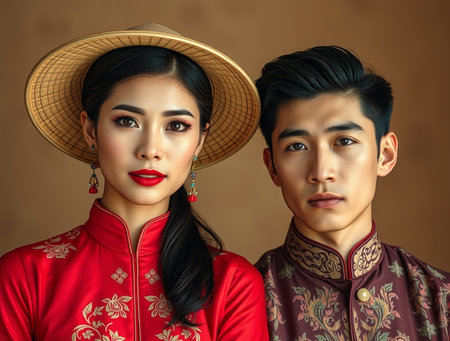 Portrait of Asian young couple in traditional Chinese clothing.の素材