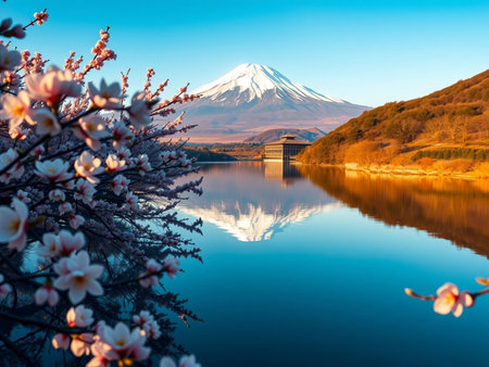 Mt Fuji and Cherry Blossom at Kawaguchiko lake in Japanの素材