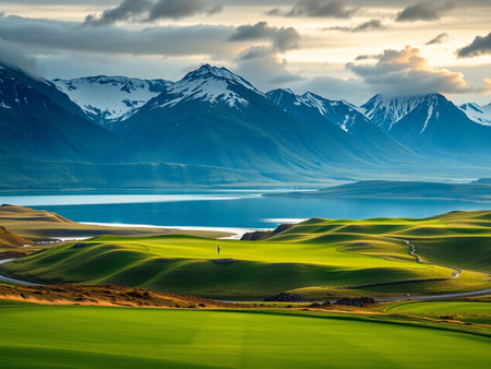 Green grassy meadow and snow-capped mountains at sunset, New Zealandの素材