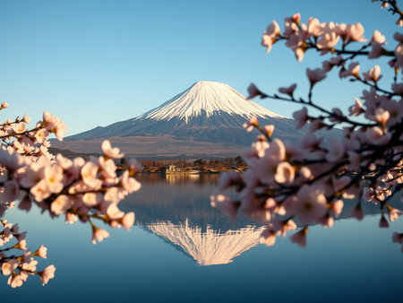 Mt Fuji and cherry blossoms at Kawaguchiko lake in Japanの素材