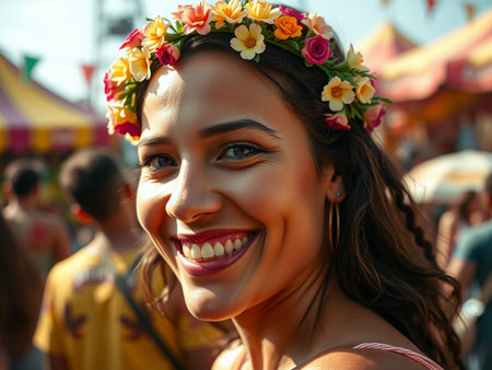 Portrait of a beautiful young woman in a wreath of flowers.の素材