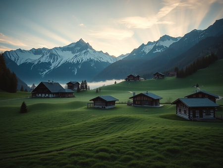 Idyllic alpine landscape with wooden houses, mountains and cloudsの素材