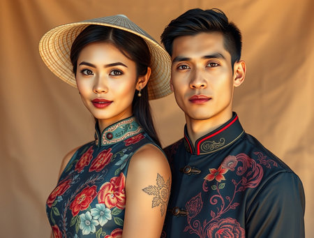 Portrait of a beautiful Asian couple in traditional Chinese clothing.の素材