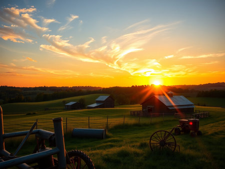 Beautiful sunset over a farm field with barns and hay balesの素材