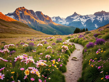 Beautiful spring landscape in the mountains. Colorful flowers in the meadow.の素材