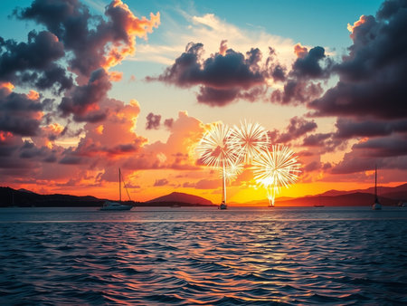 Colorful fireworks on the background of the sea and the sunset.の素材