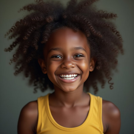 Portrait of a cute little African American girl smiling against gray backgroundの素材