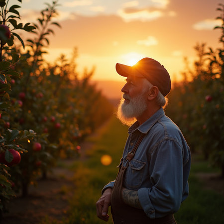 Portrait of senior farmer standing in apple orchard at sunset.の素材