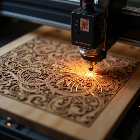 Laser cutting machine with sparks. Laser cutting of metal. Metalworking.の素材