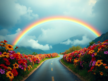 Rainbow over the road in the mountains with flowers and cloudy skyの素材