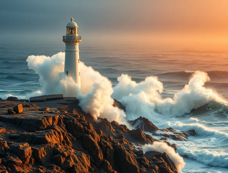 Lighthouse on the coast of the Atlantic ocean at sunset, Portugalの素材