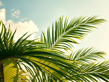 Palm tree leaves on blue sky background. Copy space for textの素材