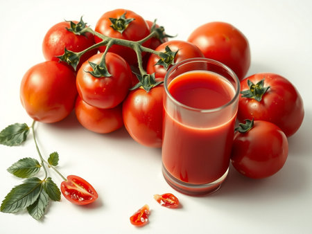 Glass of tomato juice and fresh tomatoes on white background, closeupの素材