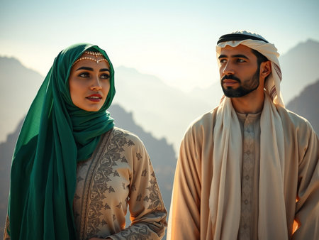 Muslim couple in traditional clothes standing in the desert, looking at cameraの素材