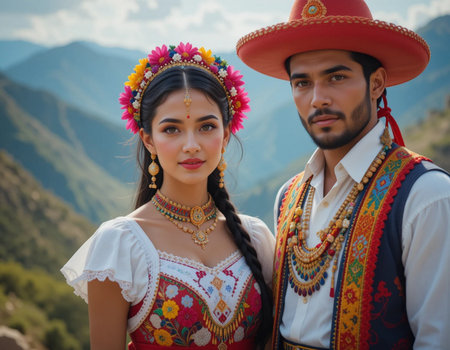 Portrait of a young couple in traditional clothes on the background of mountainsの素材