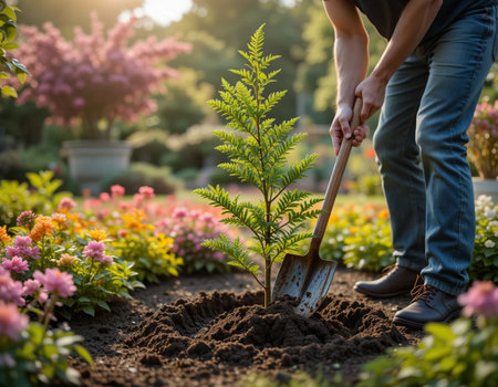 Gardener planting a tree in the garden. Gardening concept.の素材