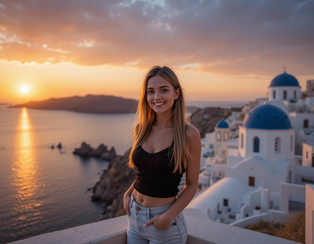 Beautiful woman on Santorini island, Greece at sunset. Beautiful girl in a black top and white jeansの素材
