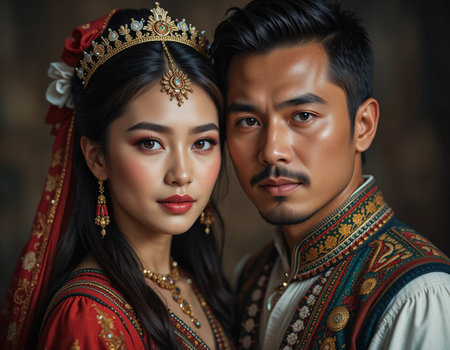 Portrait of a beautiful young Asian couple in traditional costume.の素材