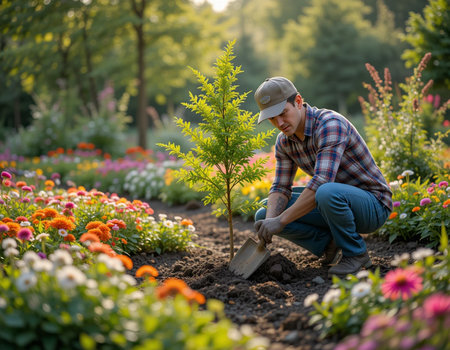 Male gardener is planting a tree in the flower garden at sunset.の素材