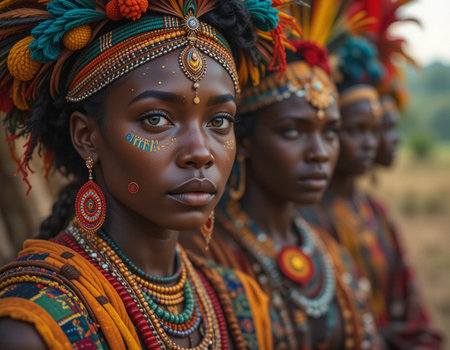 Unidentified group of Masai women in traditional clothing.の素材