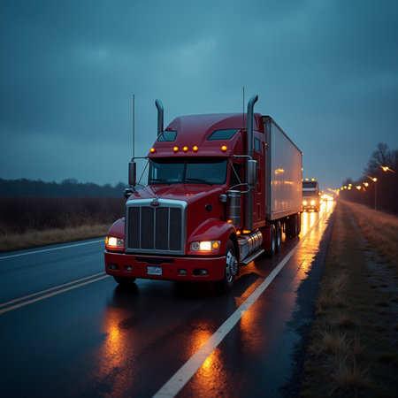 Red big rig semi truck with refrigerated semi trailer driving on highway at nightの素材