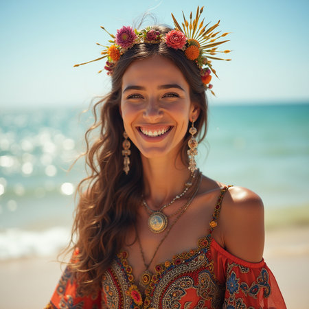 Beautiful girl in a wreath of flowers on the beach.の素材