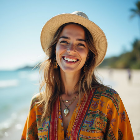 Portrait of beautiful young woman in hat smiling at camera on the beachの素材