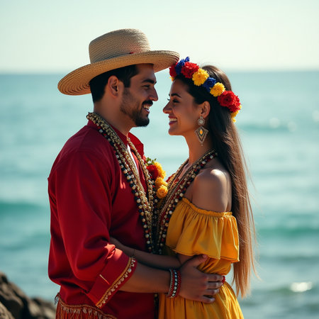 Portrait of a beautiful young couple in traditional clothing on the beachの素材