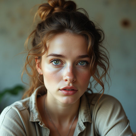 Portrait of a young beautiful woman with makeup and hairstyle.の素材