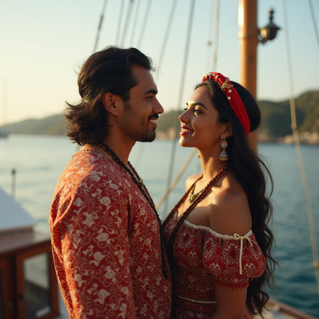 Portrait of a beautiful young couple in traditional clothes on a yachtの素材