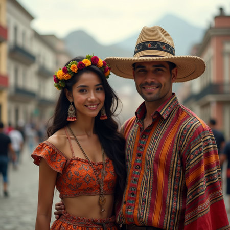 Portrait of a young couple wearing traditional clothes in the city centerの素材