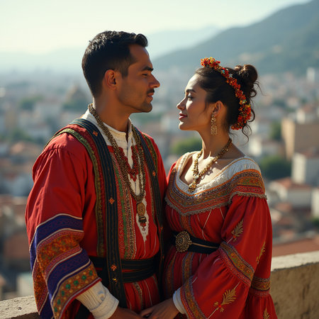Young couple in traditional clothes on the background of the old city.の素材