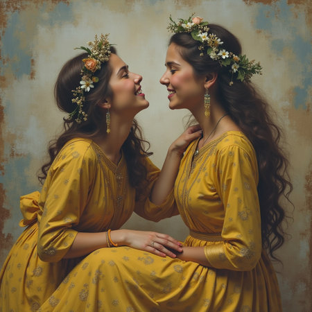 Portrait of two beautiful women in yellow dresses with wreaths on their headsの素材