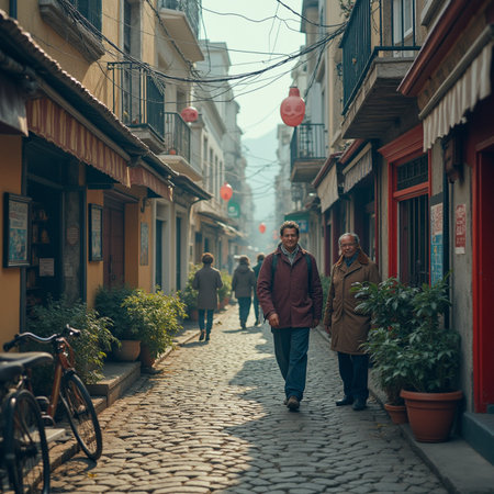 Old man and woman walking in a narrow street in Istanbul, Turkeyの素材