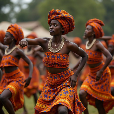 Unidentified Togolese women in orange clothes at the Lome fetish market. Togo people suffer from poverty due to the bad economyの素材