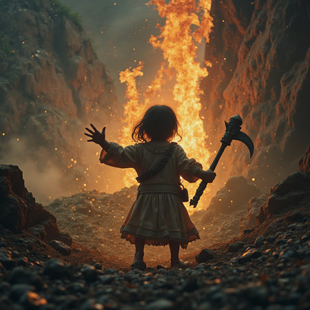 Little girl with a scythe on a background of a volcanoの素材