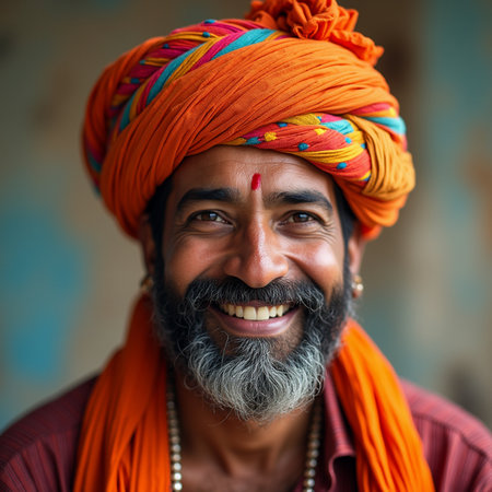 Portrait of a bearded Indian man wearing a turban and smiling.の素材