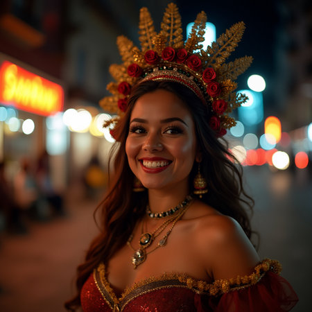 Beautiful asian woman in traditional costume on the street at nightの素材