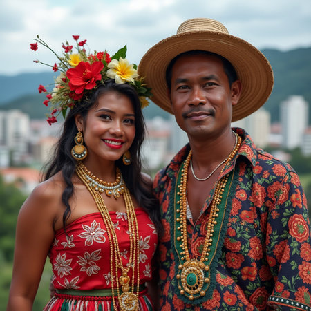 Portrait of a young couple wearing traditional Malayan costume.の素材