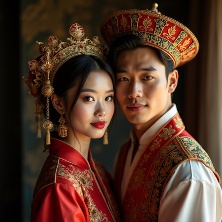 Portrait of Asian young couple in traditional Chinese costume.の素材