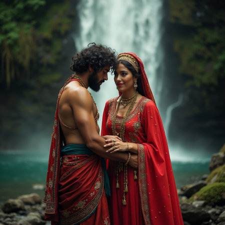 Beautiful Indian couple in traditional sari standing near waterfall.の素材