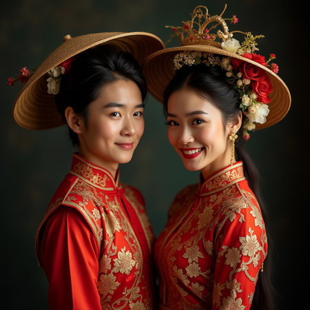 Two beautiful Asian women in traditional Chinese costume on dark backgroundの素材