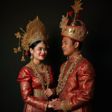 Asian bride and groom in traditional wedding costume on black background.の素材