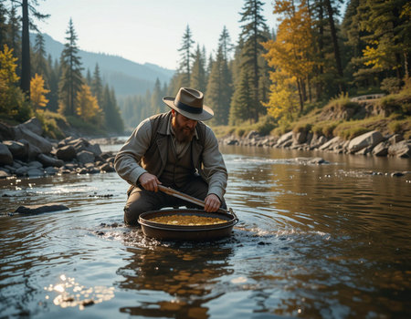 A fisherman in a hat with a fishing rod catches fish on the river.の素材