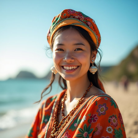 Portrait of a beautiful young Asian woman smiling on the beachの素材