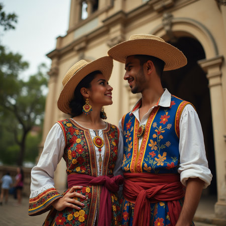 Beautiful young couple in national costumes walking in the old city.の素材