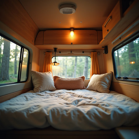 Interior of a camper van. Campervan in the forest.の素材