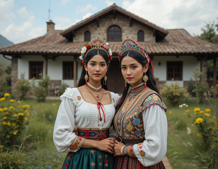 Two women in traditional clothes posing in front of a rural house.の素材