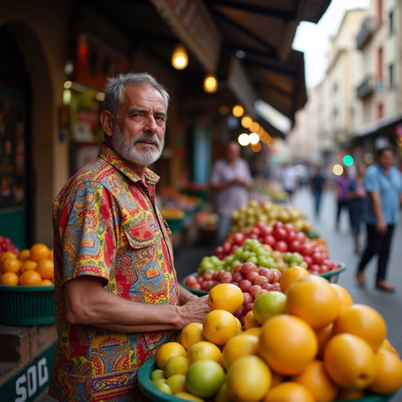 Mature man selling fruits and vegetables at the market in Florence, Italyの素材