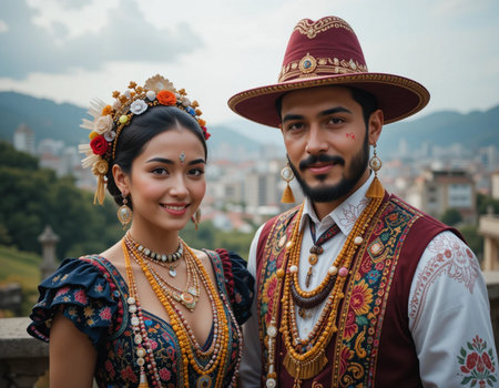 Portrait of a beautiful couple in traditional clothes on the background of the cityの素材